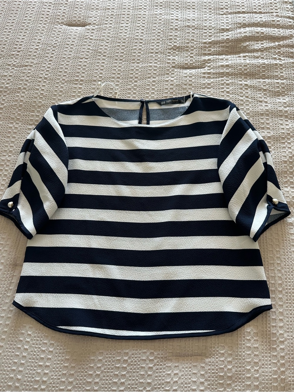 Zara Basic collection short sleeve blouse with blue and white stripes, XS NWOT